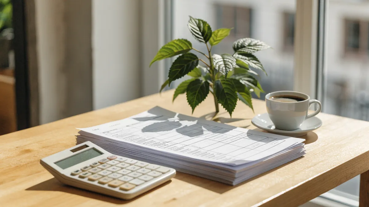 Desk with a calculator, Spanish tax forms and an espresso
