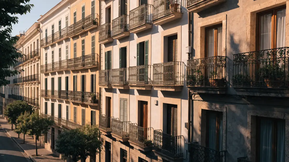 Valencia residential facades with wrought iron balconies in afternoon light