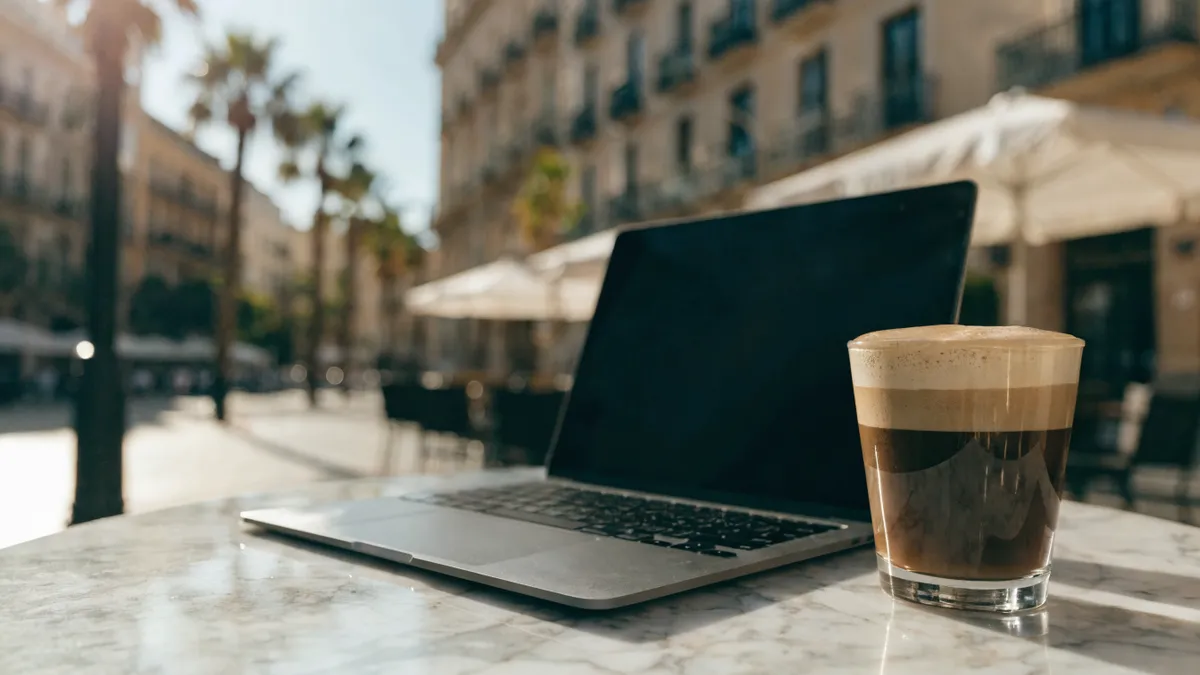 Laptop and coffee on a cafe terrace table in Valencia