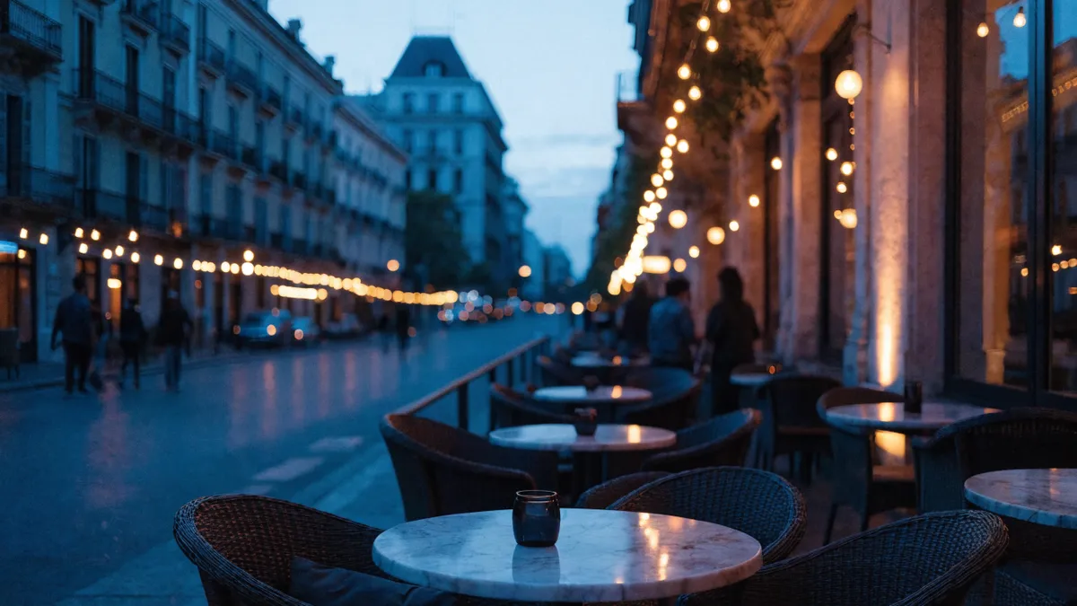 Caféterras aan een boulevard in Valencia in de schemering met lichtsnoeren