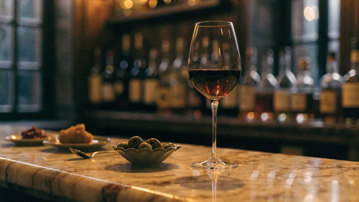 Glas vermout en tapas op een marmeren bar in een Spaanse taverne