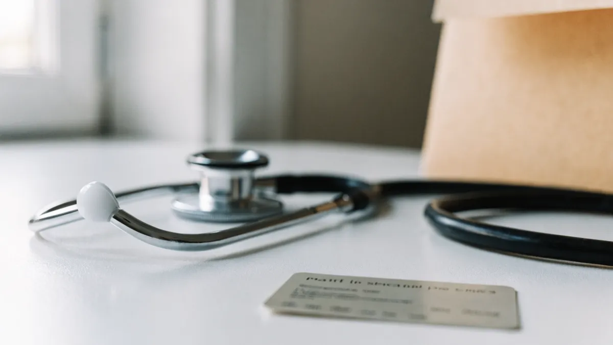 Tarjeta genérica de seguro de salud junto a un estetoscopio sobre un escritorio