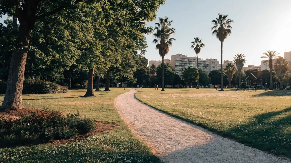Green suburban park near Valencia in late afternoon light