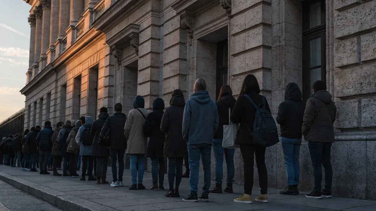 Vroege ochtendrij voor een Spaans overheidskantoor