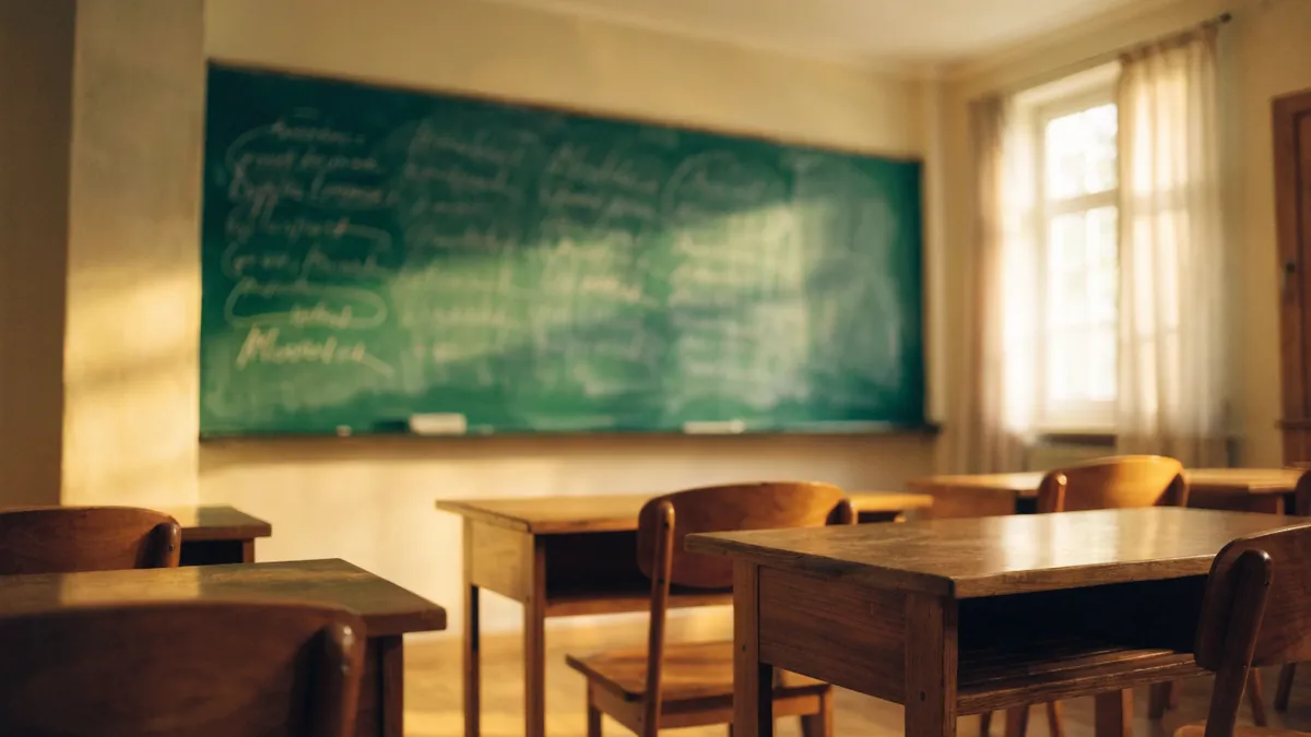 Taalklaslokaal met een schoolbord in warm licht