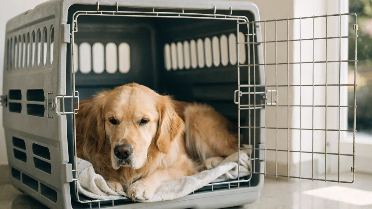 Perro tranquilo descansando en un transportín homologado para viajar en avión