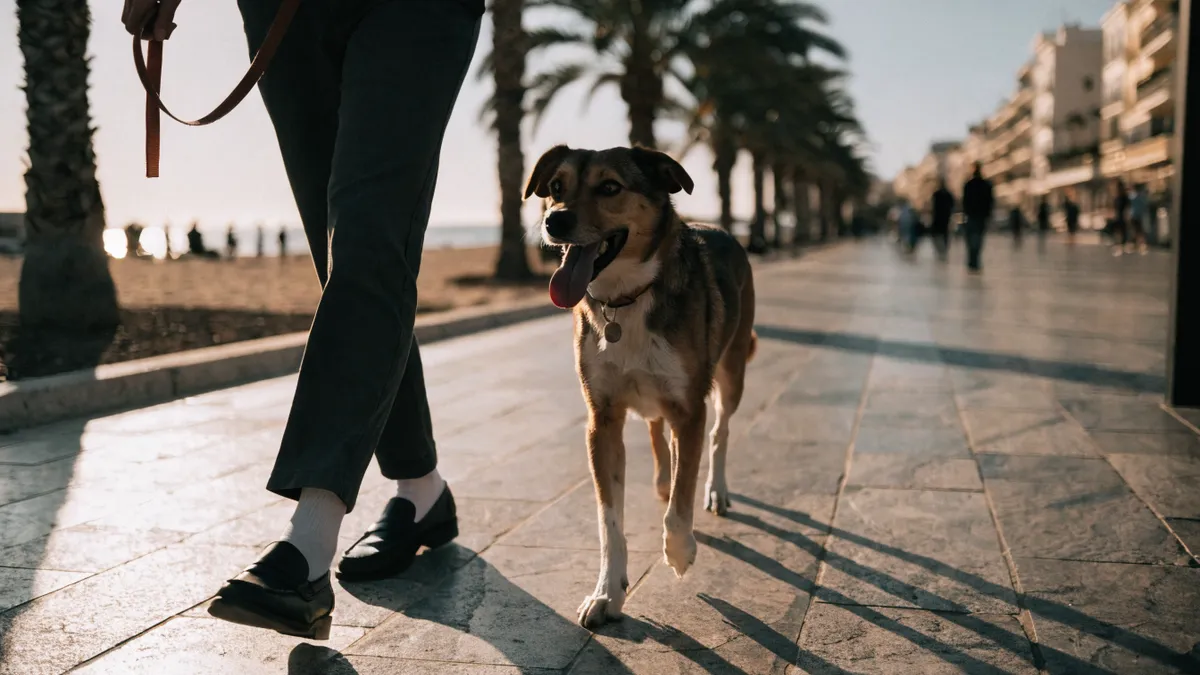 Perro con correa paseando por un paseo marítimo de Valencia bordeado de palmeras