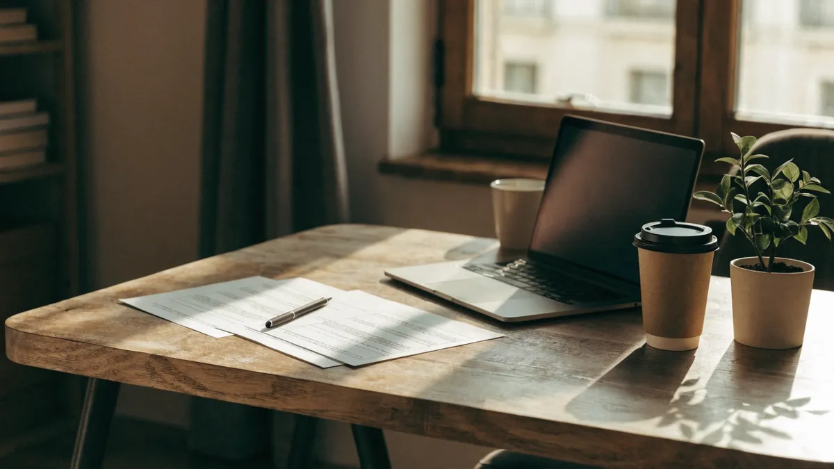 Bureau de freelance avec un ordinateur portable, des factures et un café