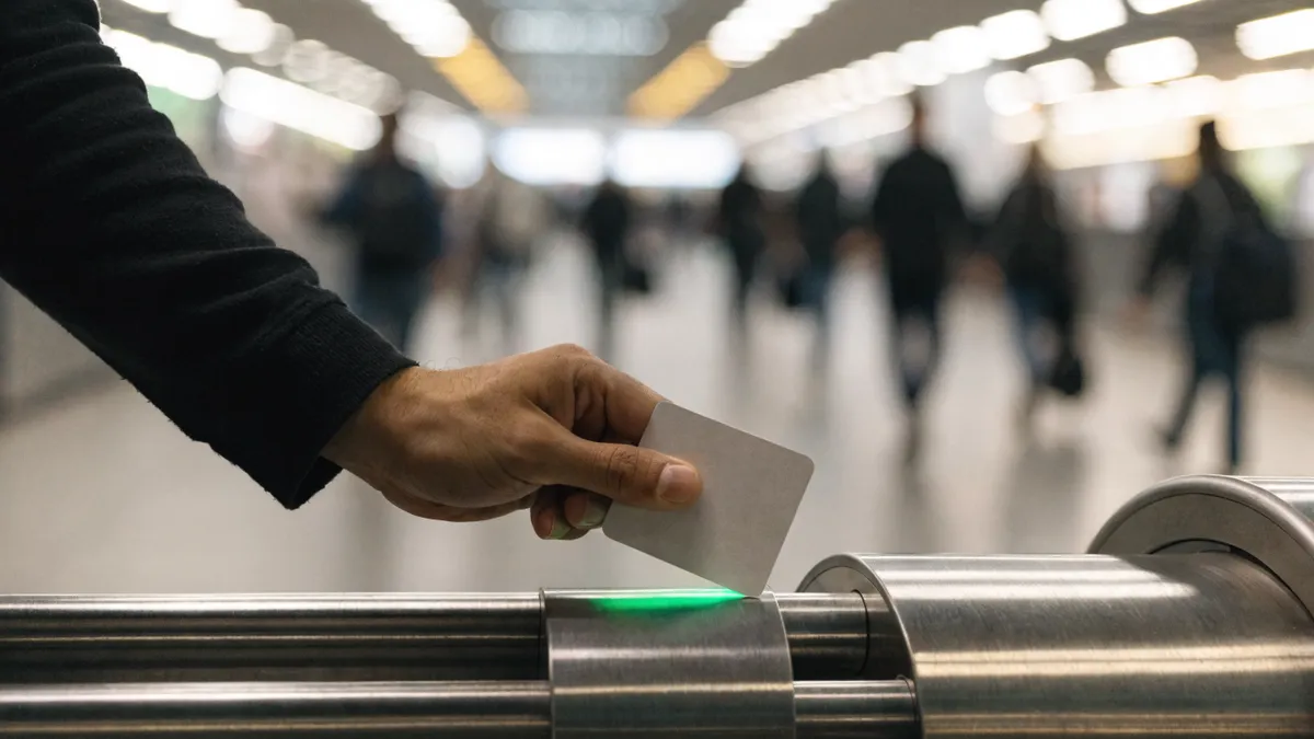 Persona validando una tarjeta de transporte en el lector de un torno del metro