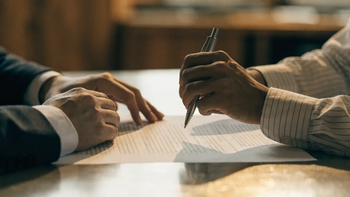 Hands reviewing a printed tax summary with a pen at an advisor's table