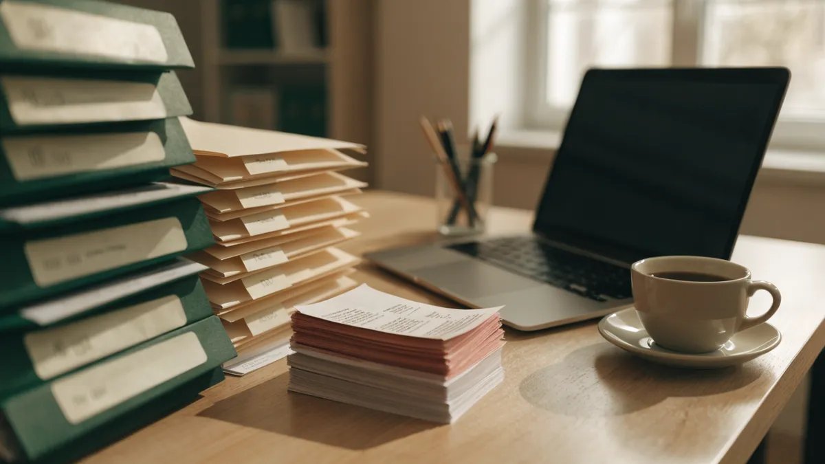 Organized tax season desk with folders, a laptop and receipts
