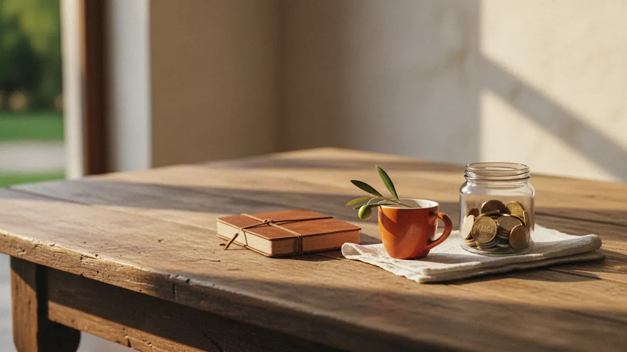 Glass jar of euro coins on a worn wooden Valencia desk with an espresso cup and an olive sprig