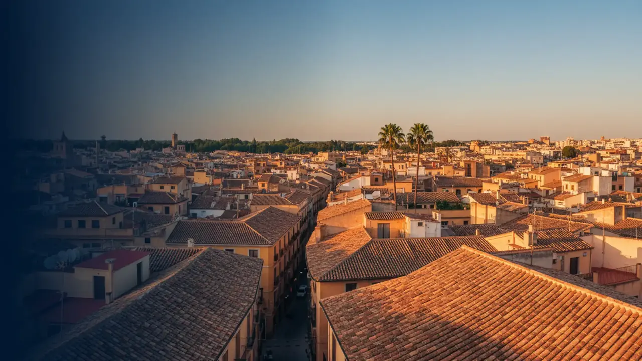 Aerial drone view of a Valencia barrio at golden hour with terracotta tile rooftops