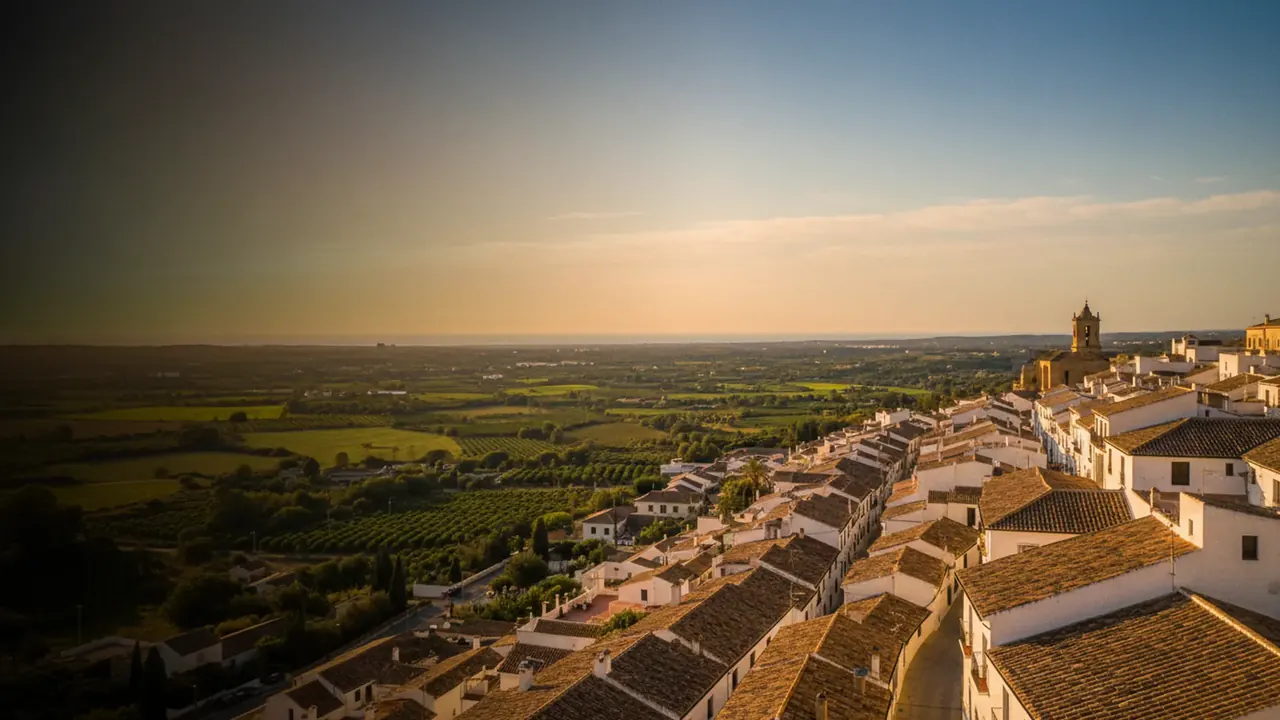 Aerial view of a stone-built whitewashed town near Valencia at golden hour with terracotta rooftops