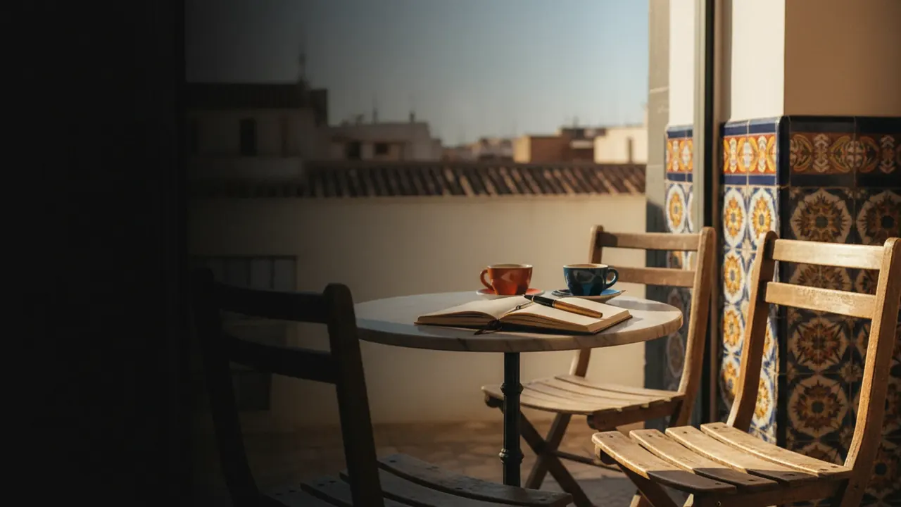 Two empty wooden bistro chairs at a marble Valencia cafe table with espresso cups