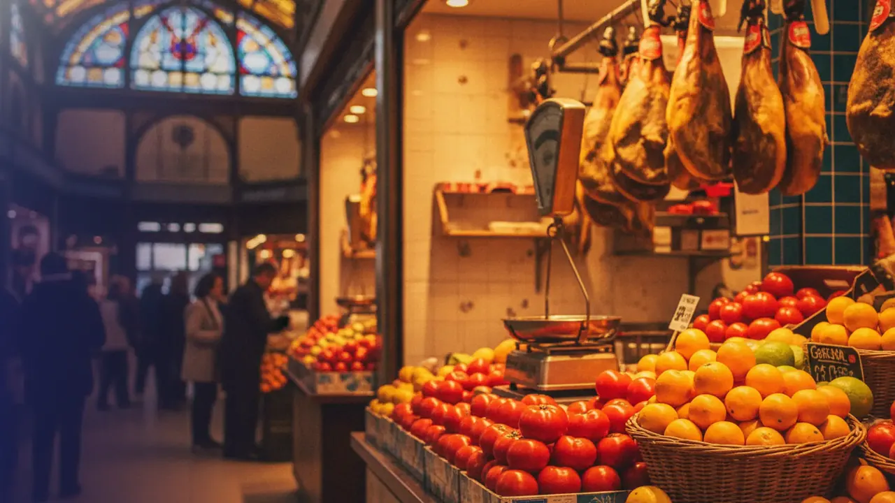 Étal du Mercado Central de Valencia avec agrumes, jambon affiné et balance en laiton