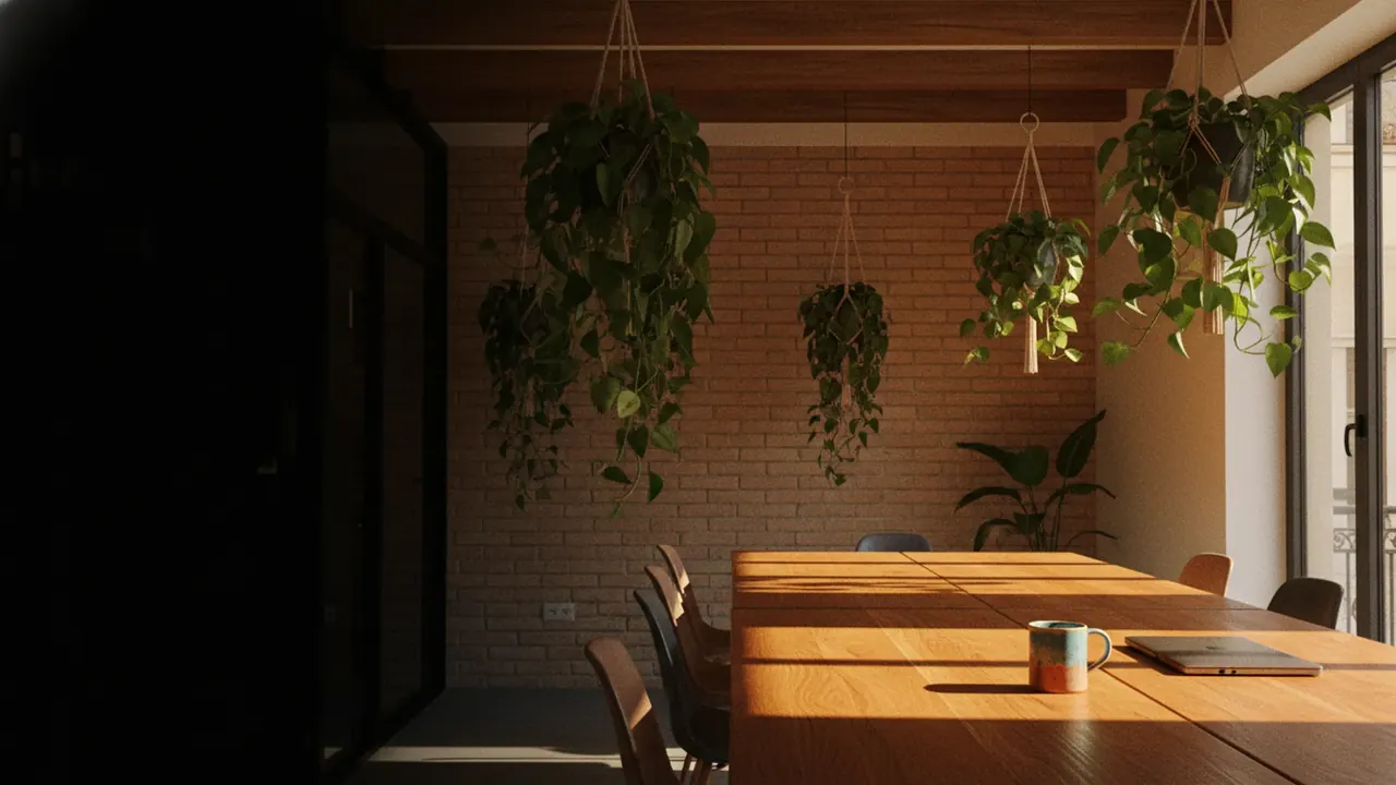 Valencia coworking interior with exposed wood beams, a long oak table and trailing plants