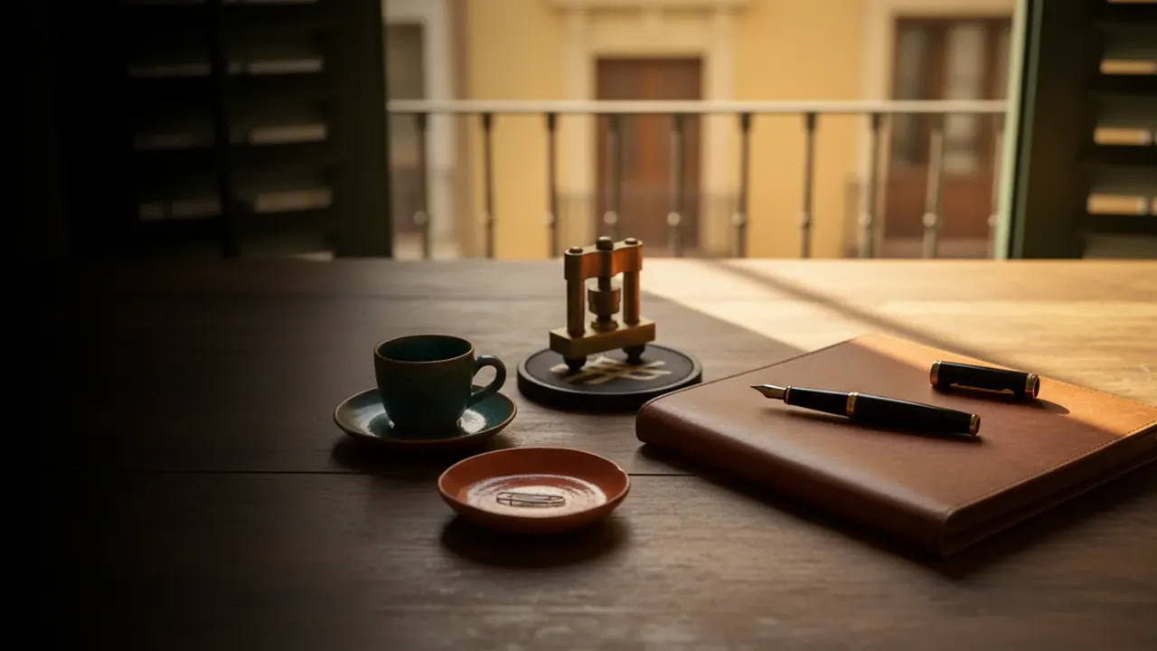 Closed leather portfolio with a fountain pen and a brass official-style stamp on a Valencia desk