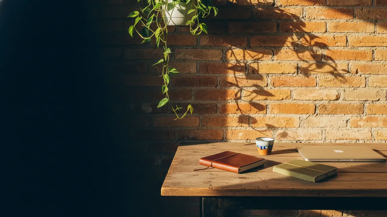 Rincón coworking valenciano soleado con portátil cerrado, café y un poto