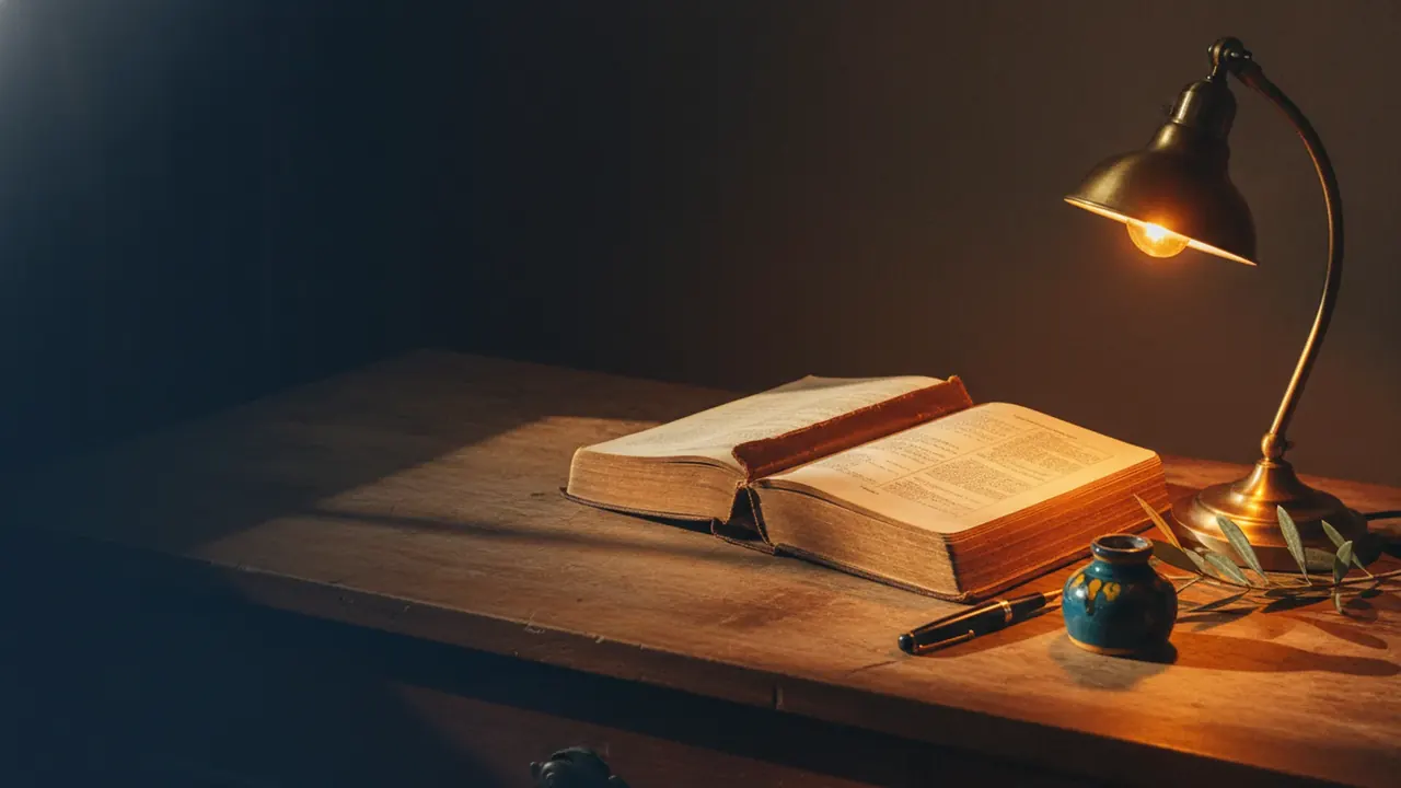 Open vintage Spanish business directory book on a wooden desk with a brass desk lamp and ink pot