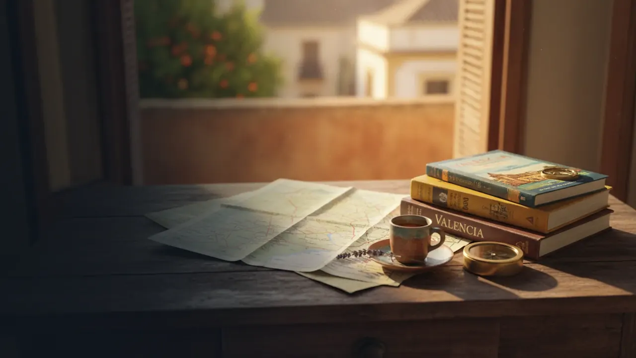 Stack of well-thumbed Valencia and Spain travel guides with a brass compass and folded map