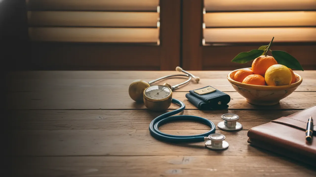 Valencia doctor's wooden desk with stethoscope, vintage blood-pressure gauge and a bowl of citrus