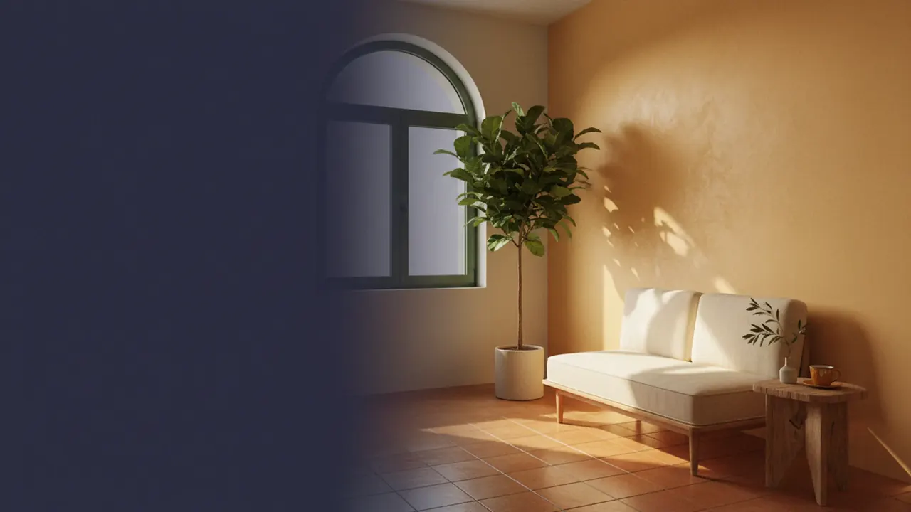 Bright Valencia medical waiting room with terracotta tile floor, linen bench and a tall ficus
