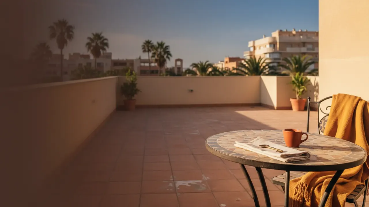Valencia apartment terrace with a brass key on linen napkin, espresso cup and terracotta floor