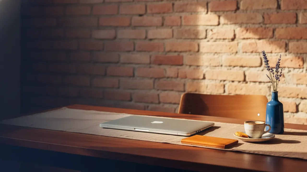 Sunlit Valencia coworking desk with a closed laptop, leather card holder and an espresso cup