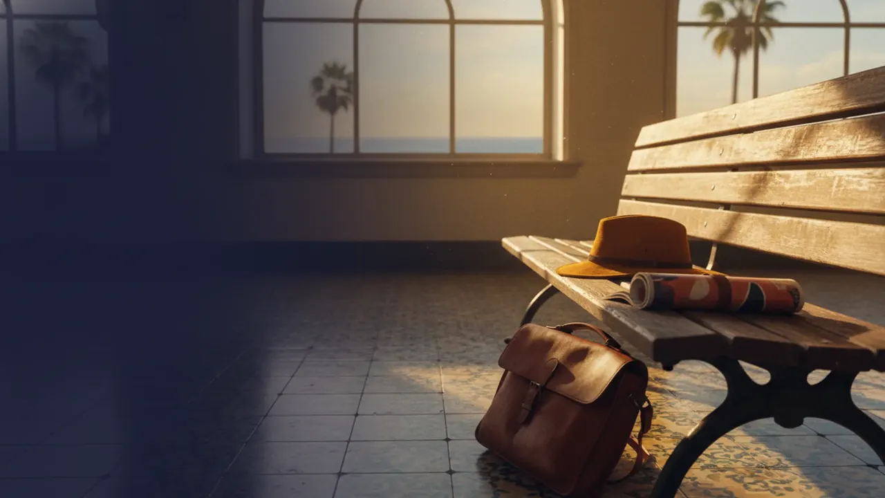Akubra-style felt travel hat on a sunlit Valencia airport bench beside a leather satchel