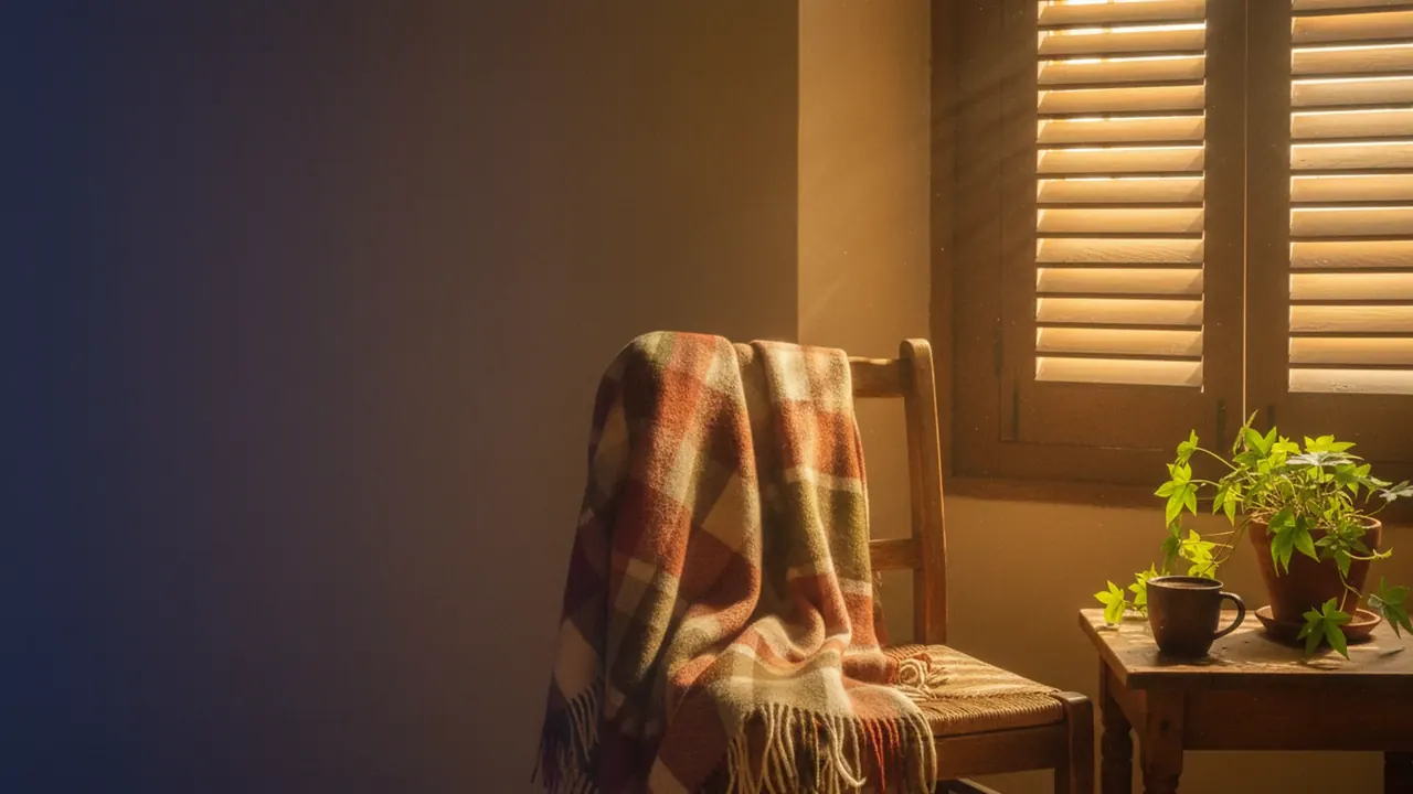 Couverture épaisse en laine plaid pliée sur un fauteuil valencien avec mug de café et plante