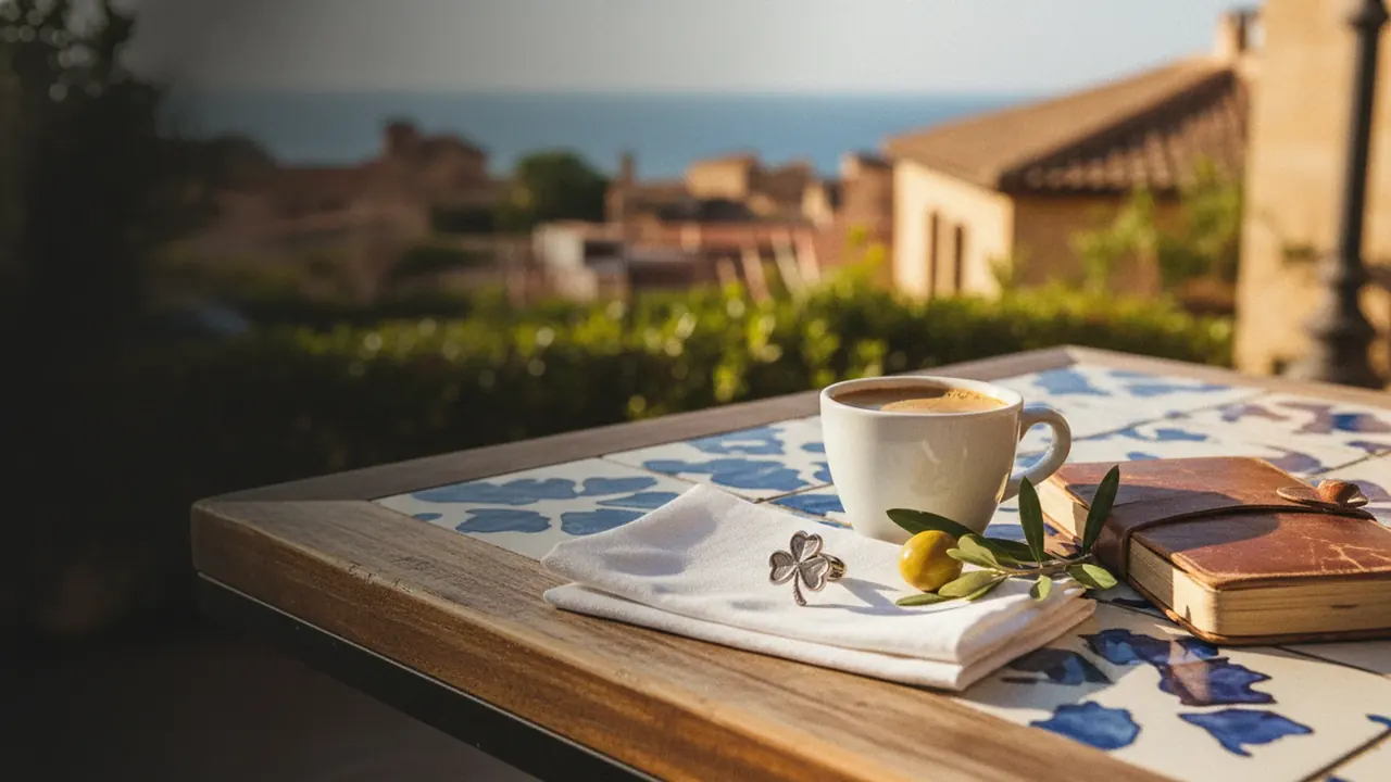 Valencia bistro table at golden hour with a silver shamrock cufflink on a folded linen napkin