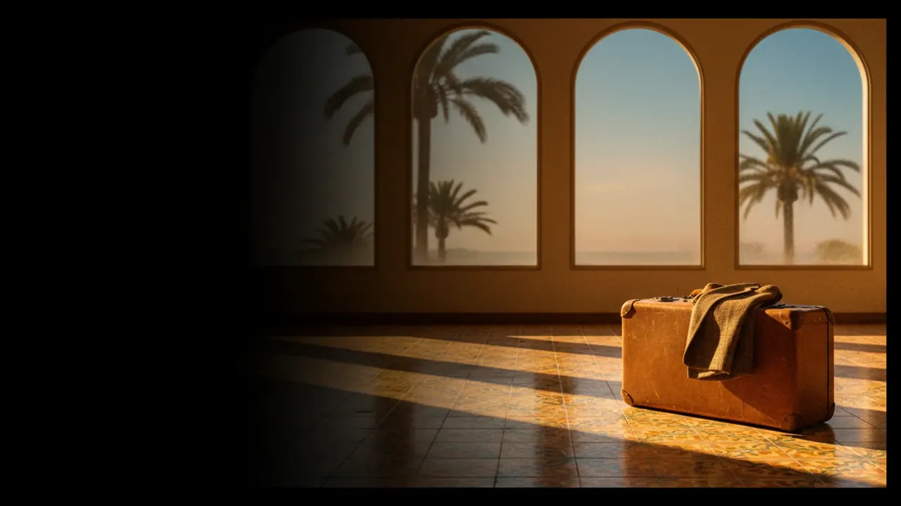 Weathered tan British leather suitcase on Valencia airport floor with a folded tweed jacket on top