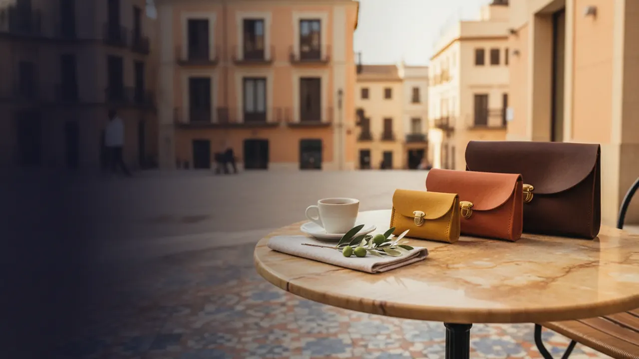 Trois pochettes en cuir de tailles graduées avec fermoirs en laiton sur une table en marbre valencienne
