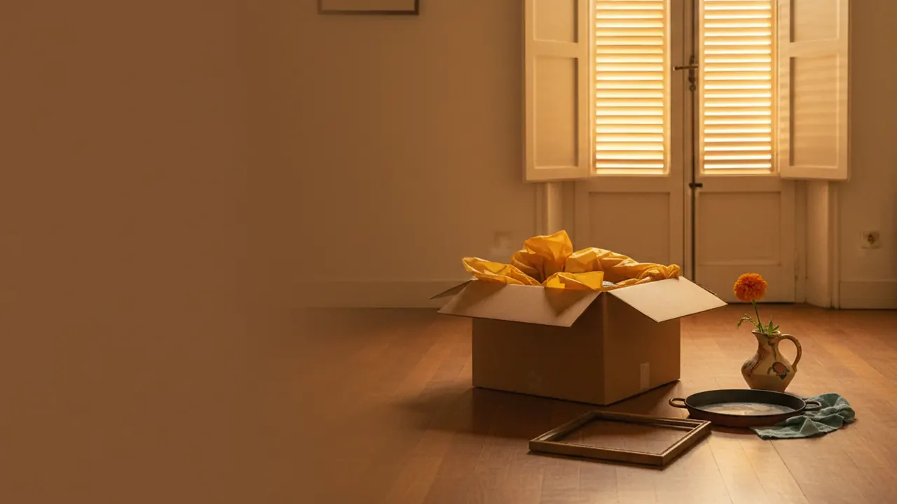 Carton de déménagement ouvert avec objets soigneusement emballés dans un appartement valencien ensoleillé