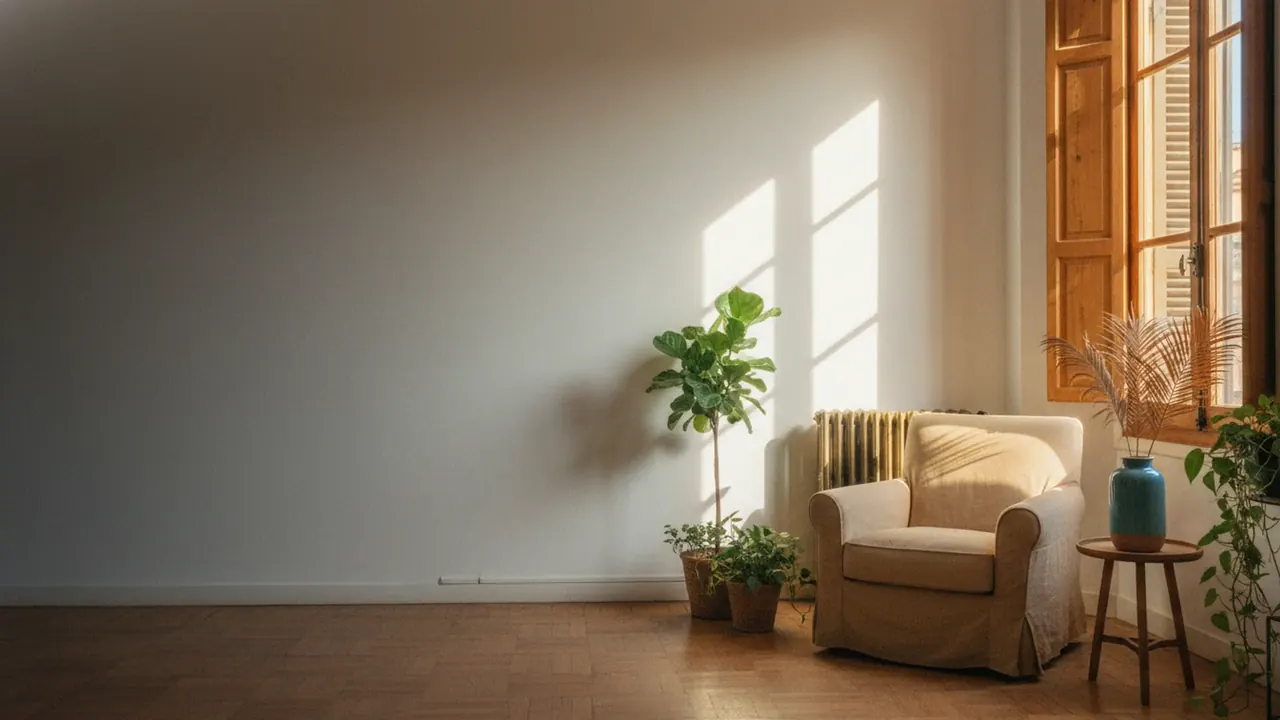 Sunlit empty Valencia rental apartment with parquet floor and louvered shutters casting saffron light