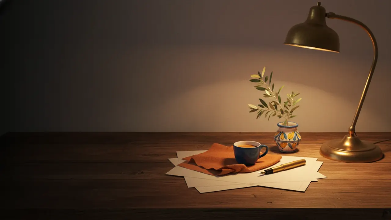 Wooden Valencia desk still life with a brass lamp, espresso, fountain pen and an olive branch