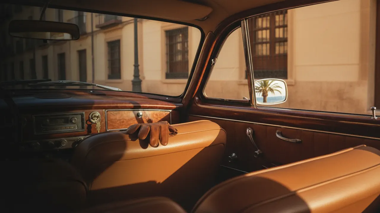 Vintage car interior on a sunlit Valencia street with a leather driving glove and brass key in the ignition