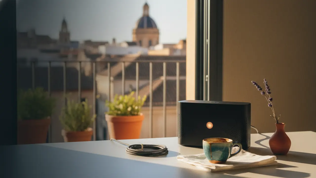 Sleek matte-black router on a sunlit Valencia desk with a tidy cable coil and an espresso cup