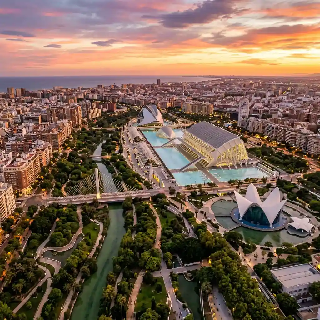 Valencia Spain skyline at golden hour with terracotta rooftops and the Mediterranean
