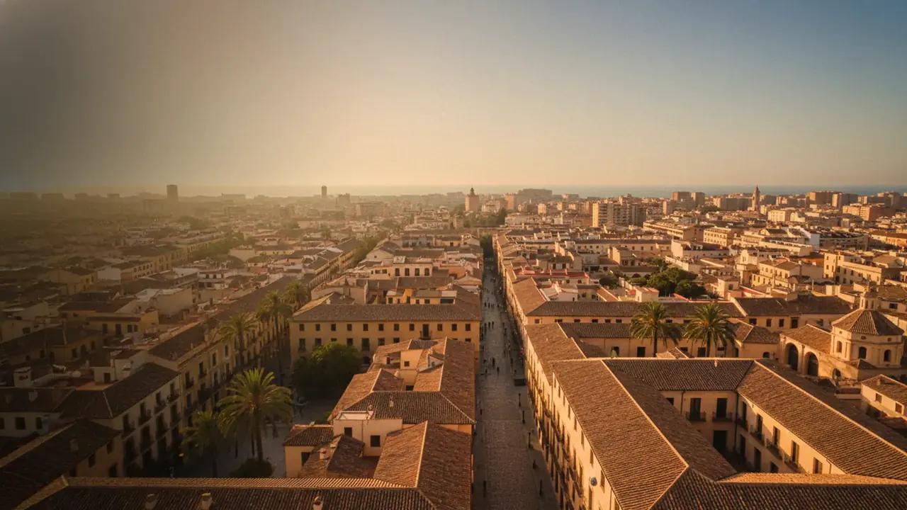 Aerial view of Valencia Spain at golden hour, terracotta rooftops and palm trees
