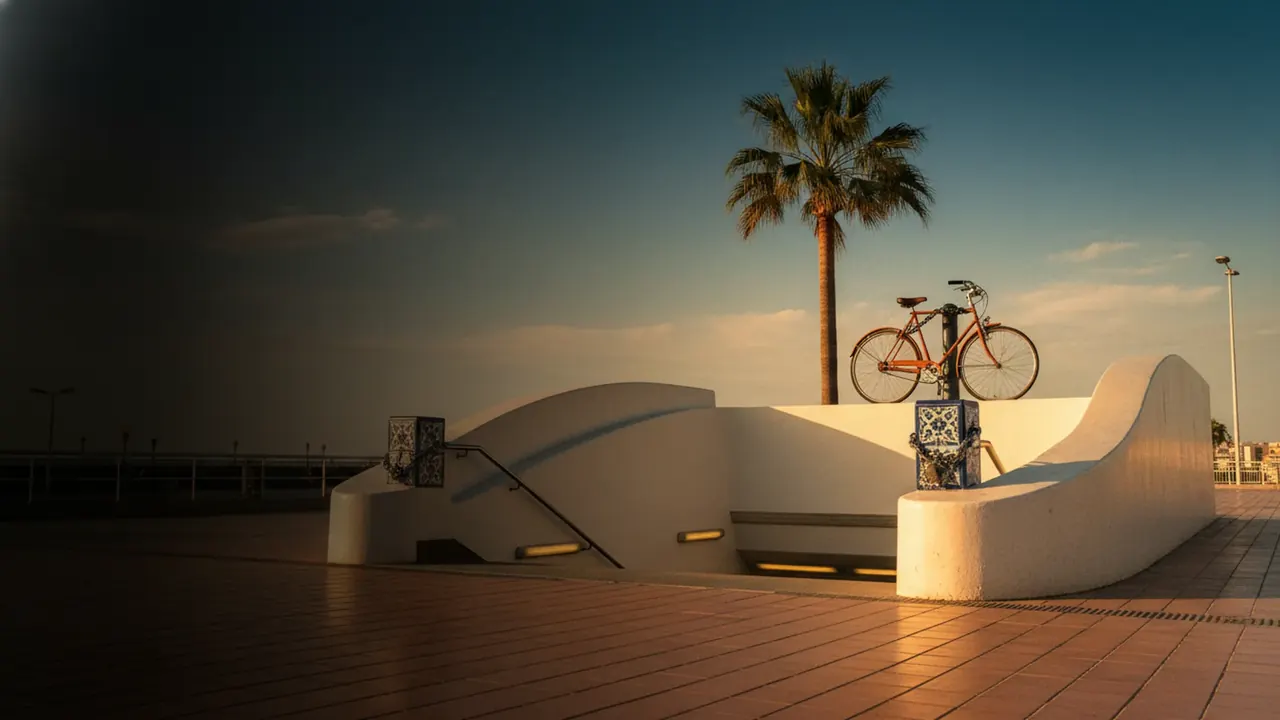 Valencia metro entrance at golden hour with warm amber light spilling out and a palm tree silhouette