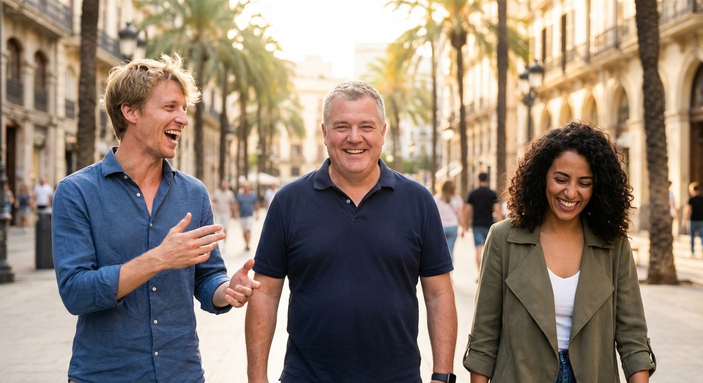 The ValenciaMove team — Felix, Mike, and Rola walking on a sunny Valencia boulevard